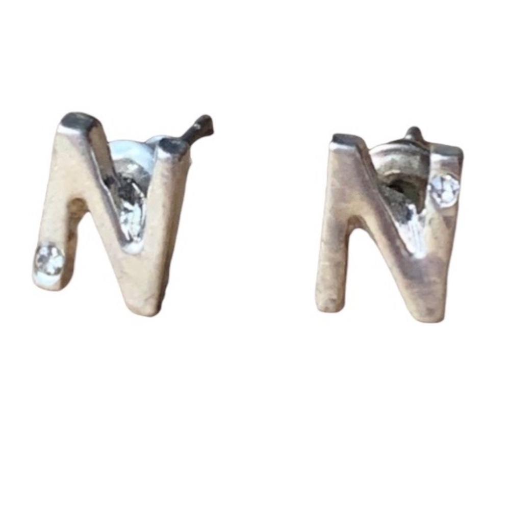 Initial “N” Silver & Clear Crystal Letter Pierced Post Earrings Women’s Jewelry